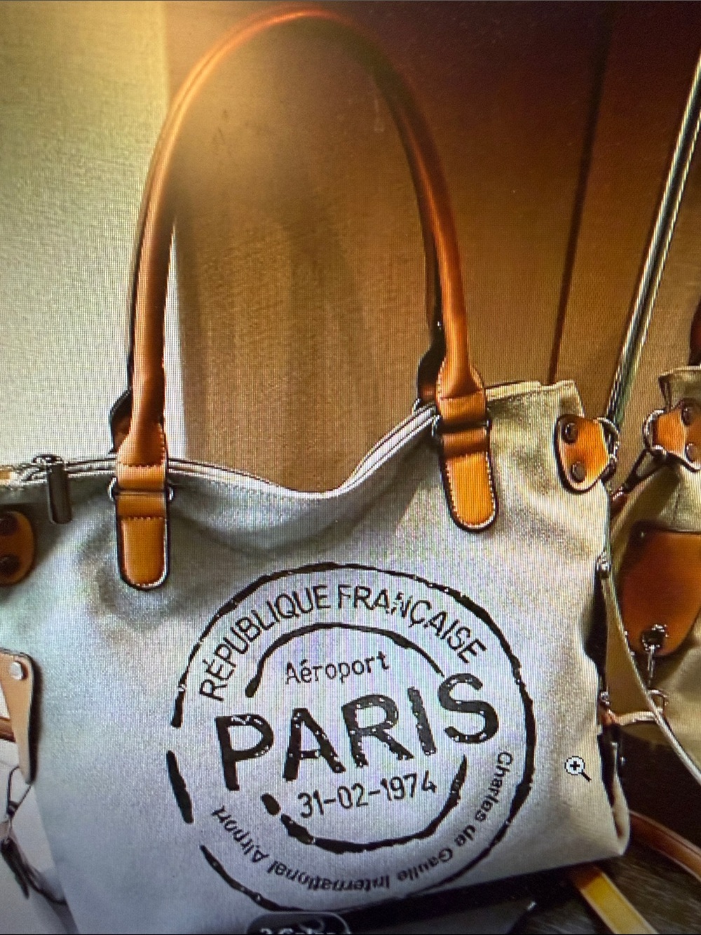 Canvas Paris Stamp Tote Bag with crossbody & adjustable handle. 🆕